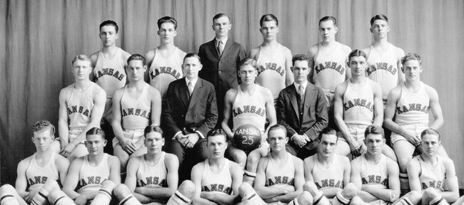 The 1925 Kansas University basketball team poses in this file photo. The 1925 Jayhawks picked up the program's 300th victory. The victory came in February against Iowa State as part of a 13-game winning streak.