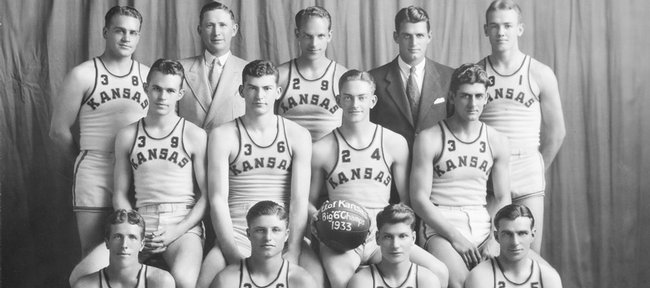 The 1933 Kansas University basketball team poses in this file photo. The 1933 team won the Big Six Conference title for the third consecutive season and registered the program's 400th victory.