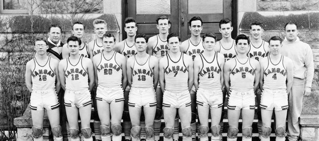 The 1945 Kansas University basketball team poses in this file photo. The 1945 squad defeated Kansas State in a 39-36 decision to notch the program's 600th victory.